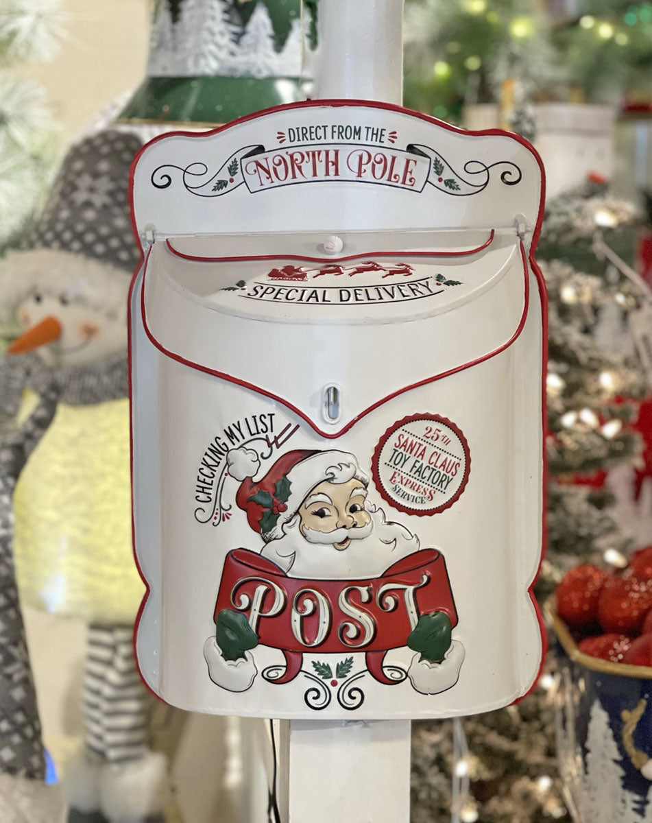 White Metal North Pole Post Mail Box 15.35 Inch Tall - NEW 2023