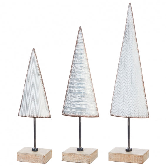 Galvanized Metal Holiday Trees On Wood Base - 15, 18, 21 Inch Set of 3