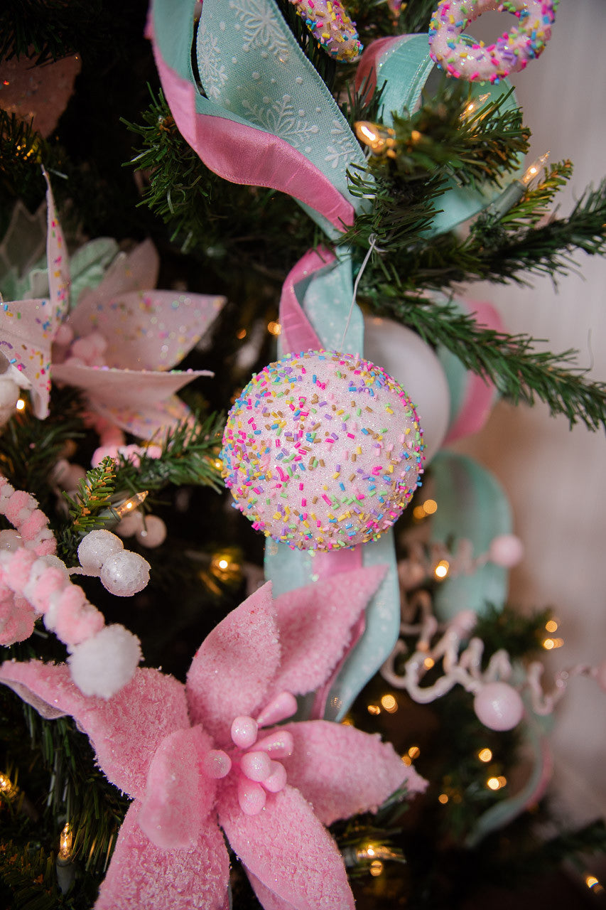 Set Of Three 4” Pink Sprinkle Ball Ornament
