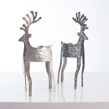 Antiqued Metal Reindeer Christmas Taper Candle Holder Tabletop Holiday Mantle Décor Set of 2