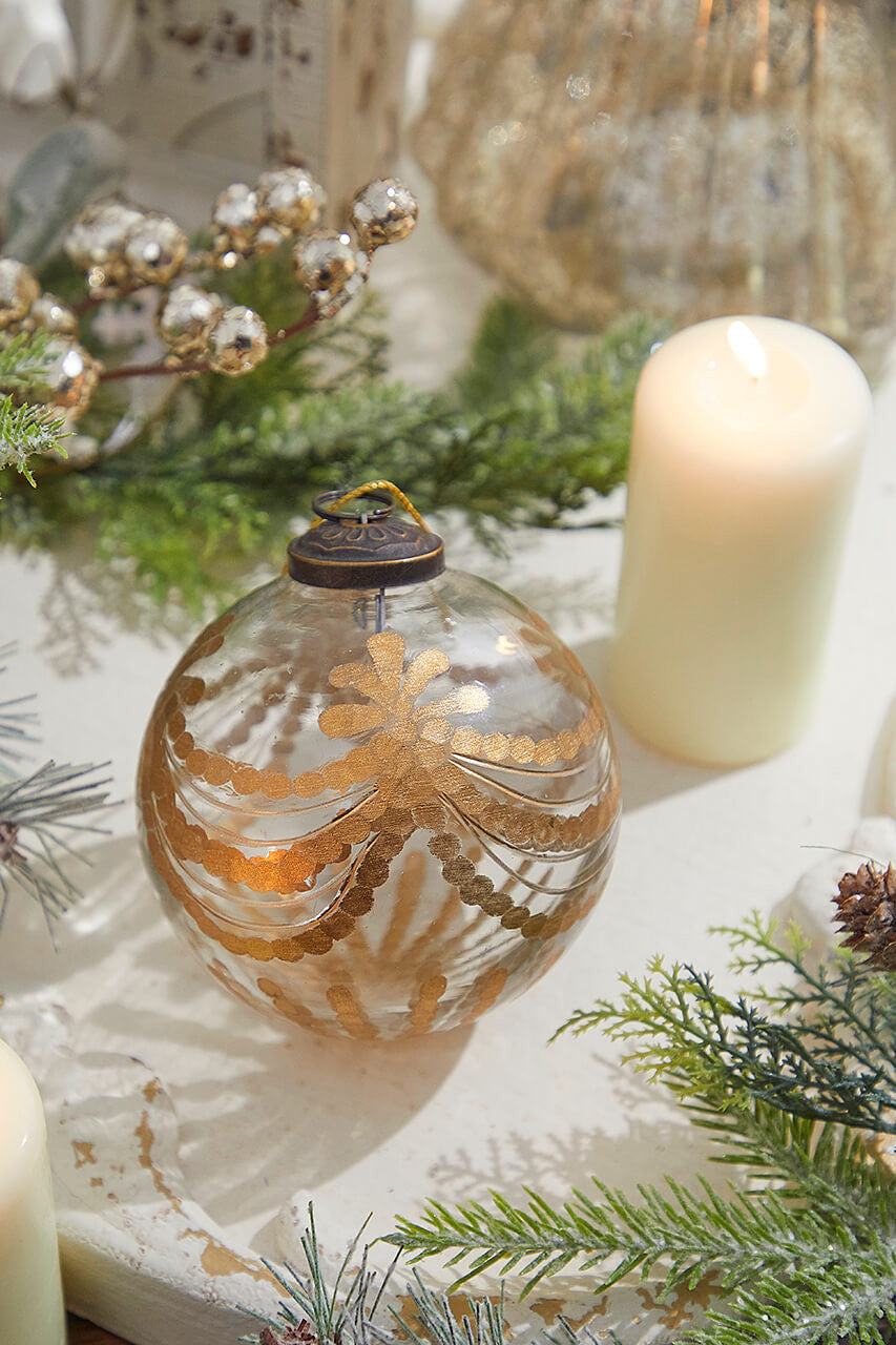 4" Etched Golden Garland Glass Ornament