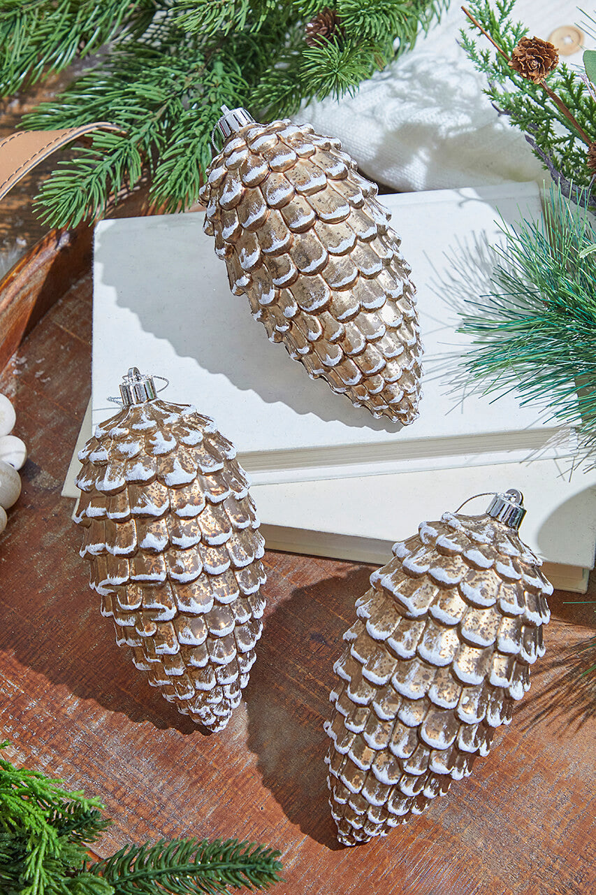 Set of Three 6.5" Brown/White Snowed Pine Cone Ornament