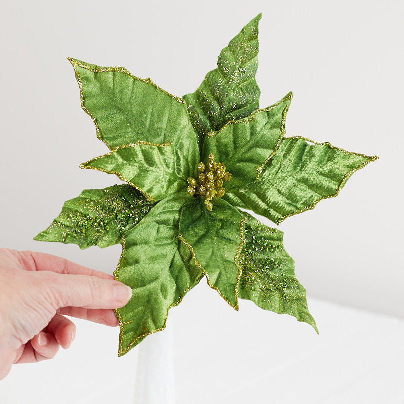 Set of Two Emerald Green Velvet Poinsettia Stem