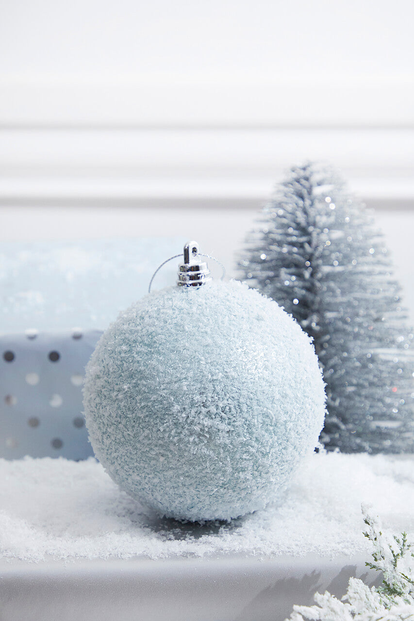 Set Of Three 4" Light Blue Frosted Snowy Ball Ornament
