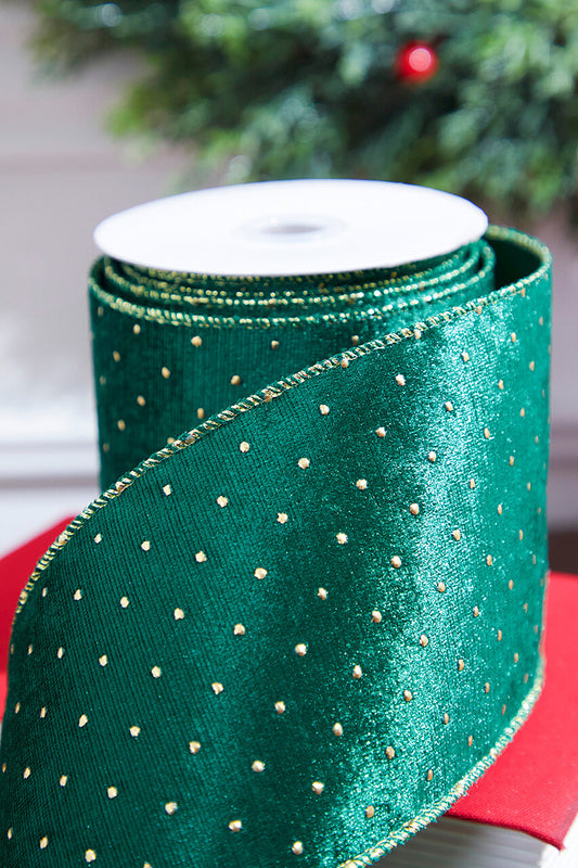 4" x 10 Yard Green Velvet with Gold Dots Wired Ribbon