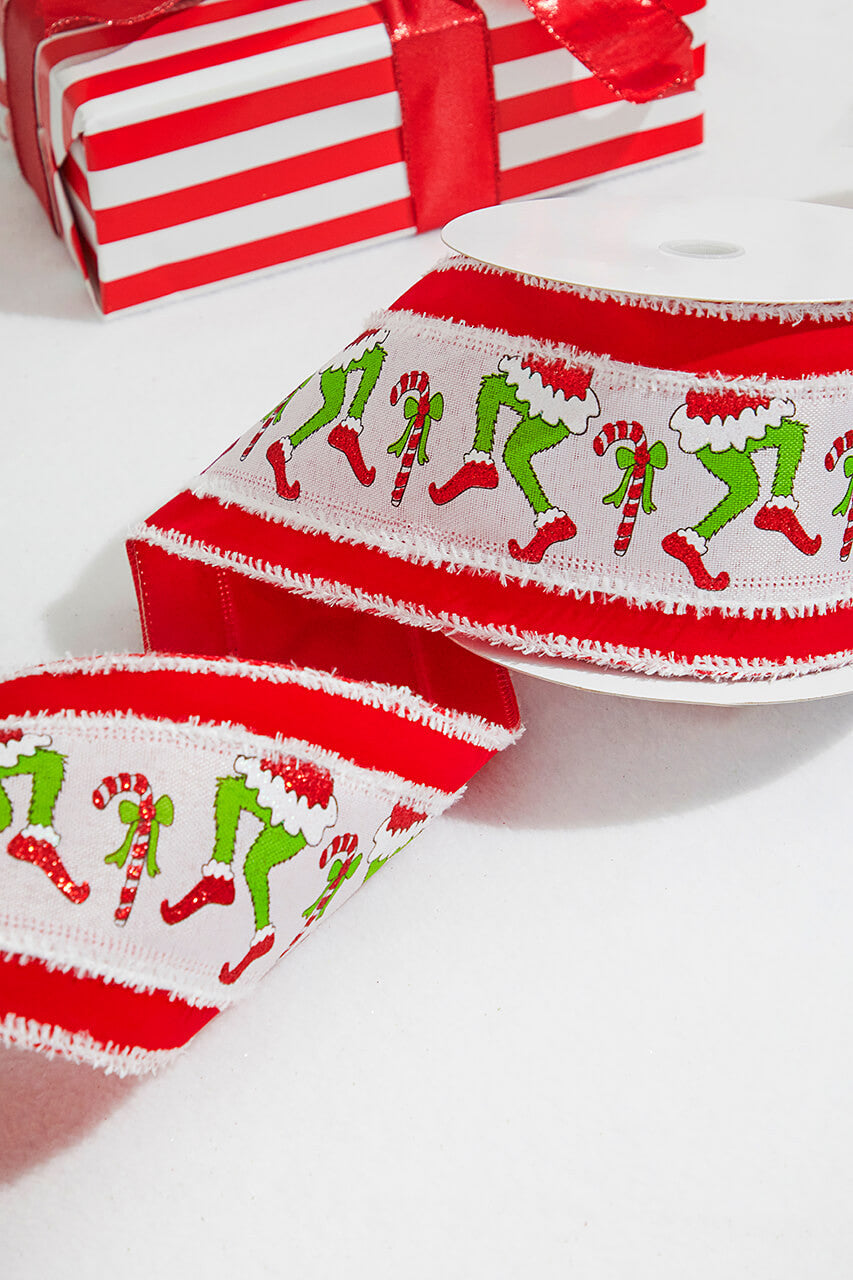 4" x 10 Yard Green Monster Legs & Candy Cane Christmas Ribbon