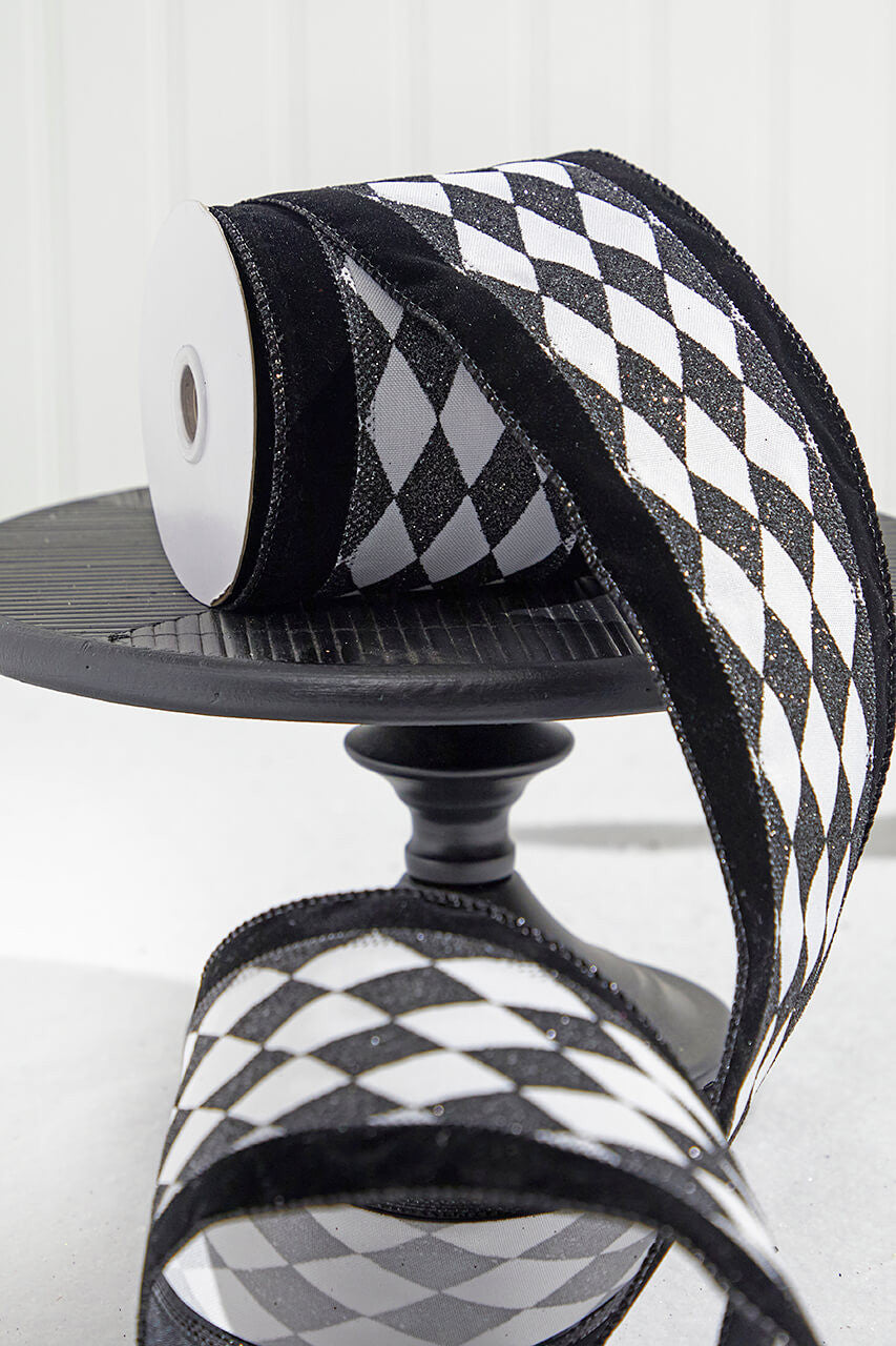 4" x 10 Yard Black and White Harlequin Wired Ribbon