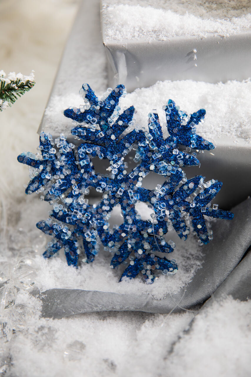 Set Of Three 6” Iced Glitter Snowflake Christmas Ornament - Blue