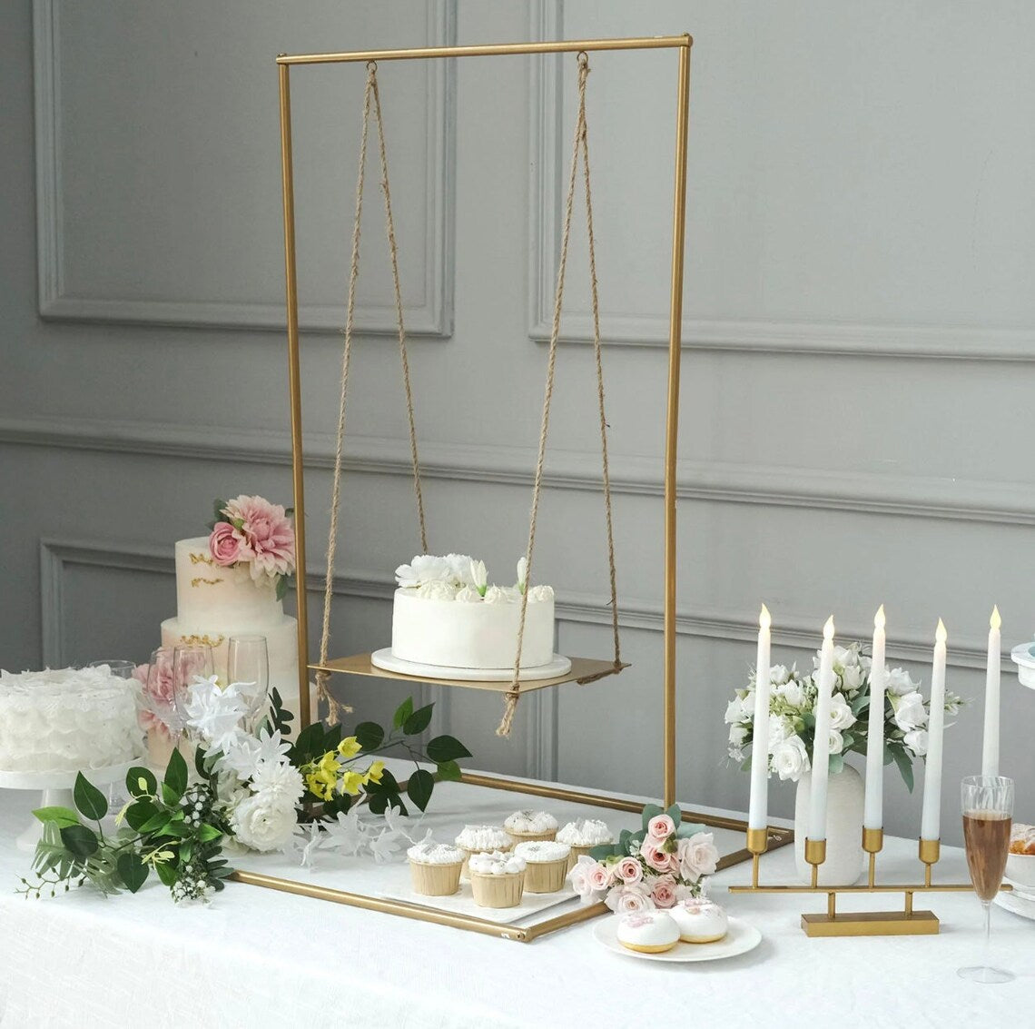 3 FT. Gold Metal Hanging Dessert Display Centerpiece Cake Stand