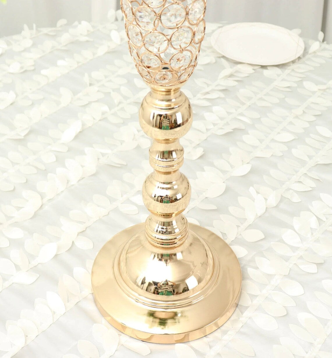 TWO 40" Gold Crystal Beaded Trumpet Glass Vases