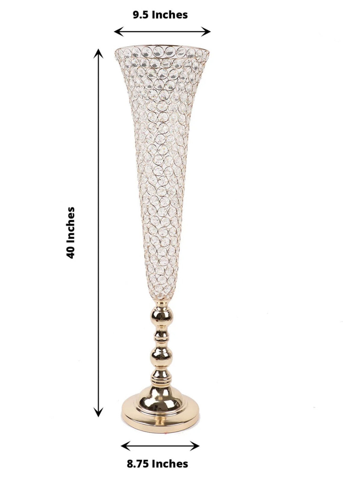 TWO 40" Gold Crystal Beaded Trumpet Glass Vases