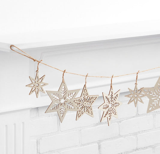 44" Wood Cutout Star Garland, Wooden Stars, Farmhouse Decor, Christmas Holiday Table Setting Mantle Fireplace, Star Shape Garland, Rustic