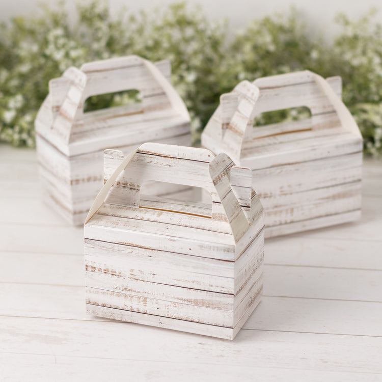 25 Pack Rustic White Party Favor Gift Gable Boxes With Wood Plank Pattern, Candy Tote Boxes 4"x2.5"x4.5"