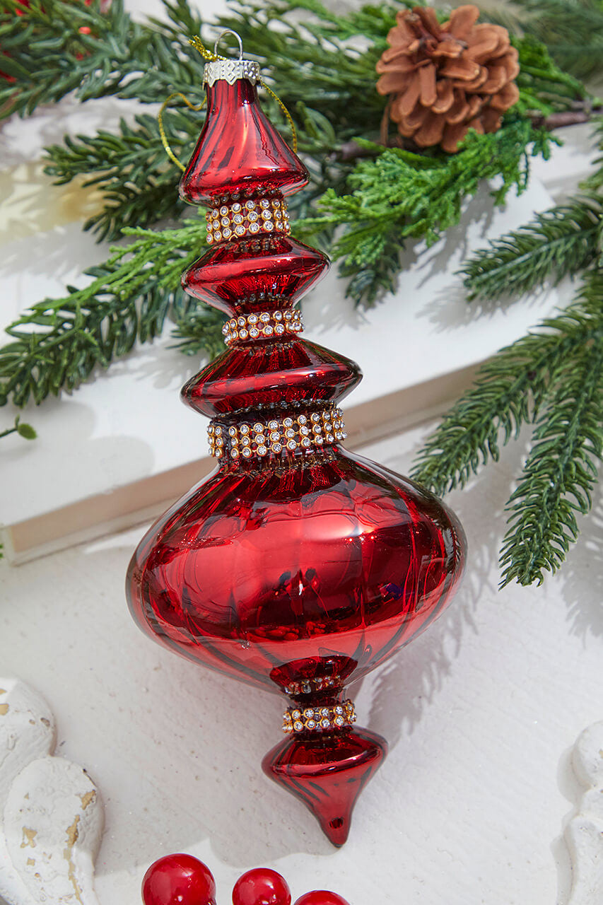 9" Burgundy Glass with Diamond Band Finial Ornament
