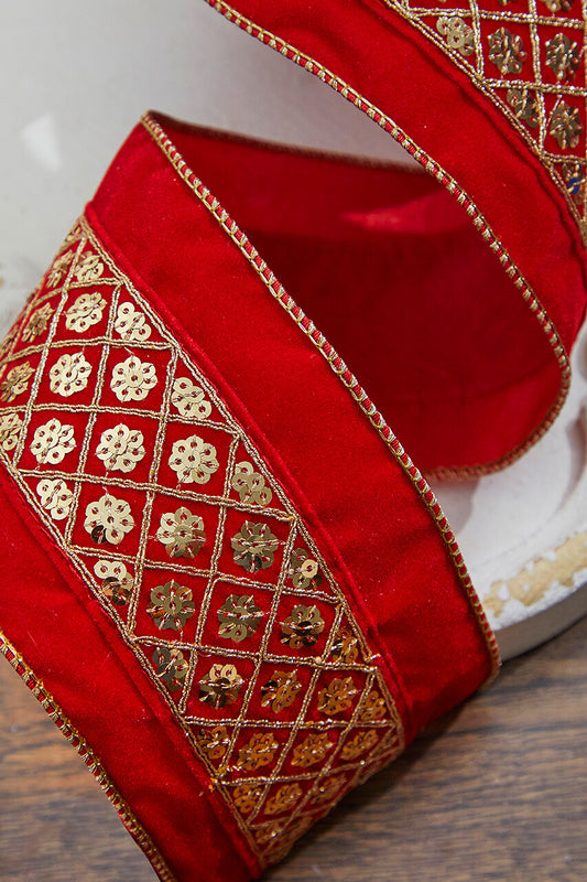 4” x 5 Yard Red & Gold Diamond Pattern with Sequins Velour Velvet Ribbon