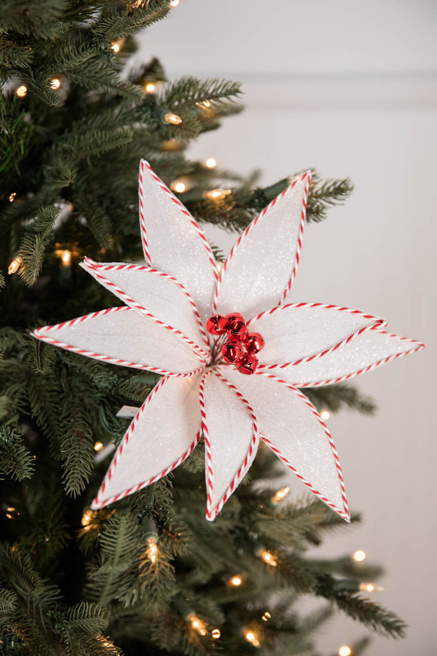 24” Glittery White Poinsettia Stem with Peppermint Stripes