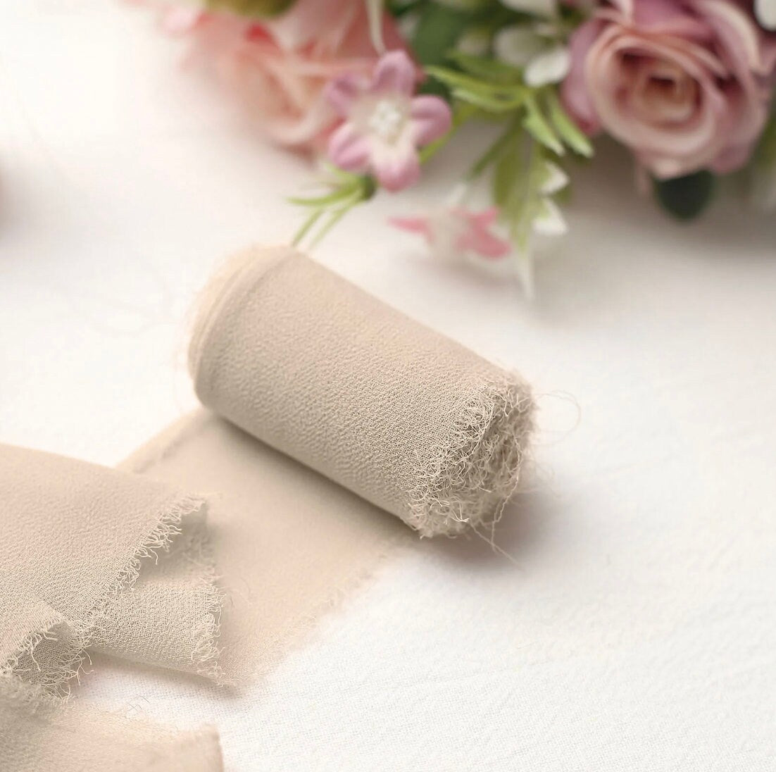 2 Pack 18FT Nude Silk-Like Chiffon Linen Ribbon Roll For Bouquets Wedding Invitations Fabric Gift Wrapping Christmas Fancy Taupe Bone Beige