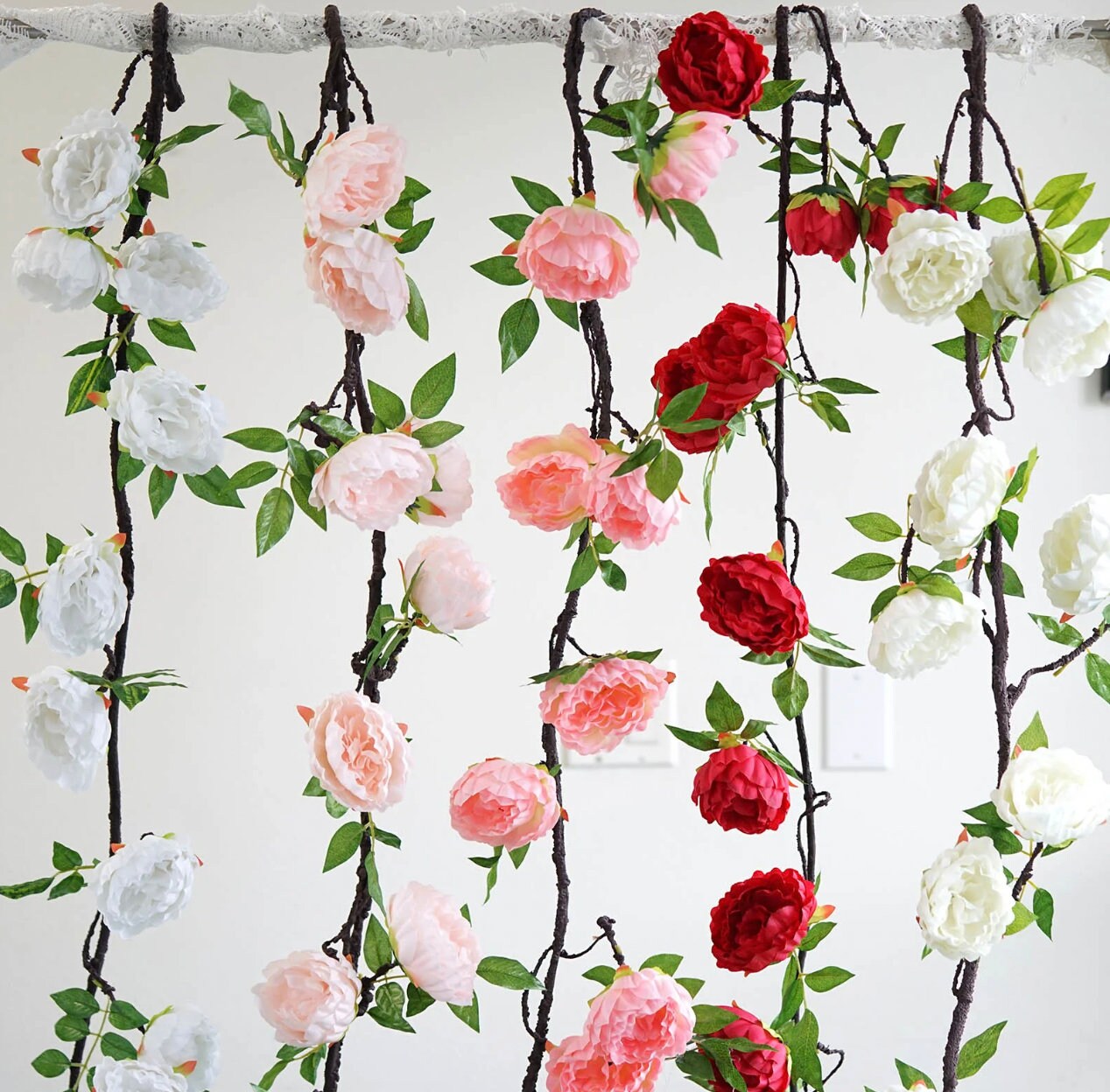 FOUR 6 FT. White Peony Garland Vine Spring Decor Easter Floral Arrangements Wedding Ceremony Outdoor Hanging Flowers Faux Ceiling Wholesale