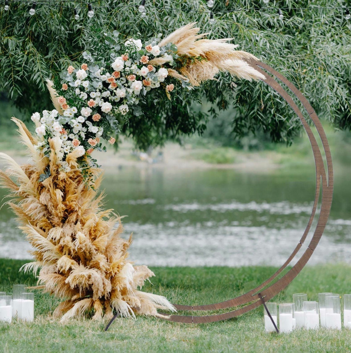 8 FT. Wood Round Wedding Arch Backdrop Brown DIY Stand Rustic Photo Backdrop Heavy Duty Photography Stand Ceremony Outdoor Decoration Floral
