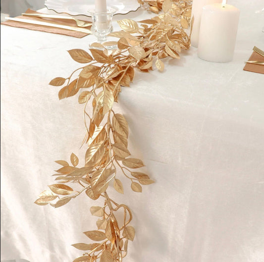 6 FT. Gold Leaf Garland Artificial Decorations Gold Branches Metallic Magnolia Vines Glam Christmas Holiday Table Setting Mantle Fireplace