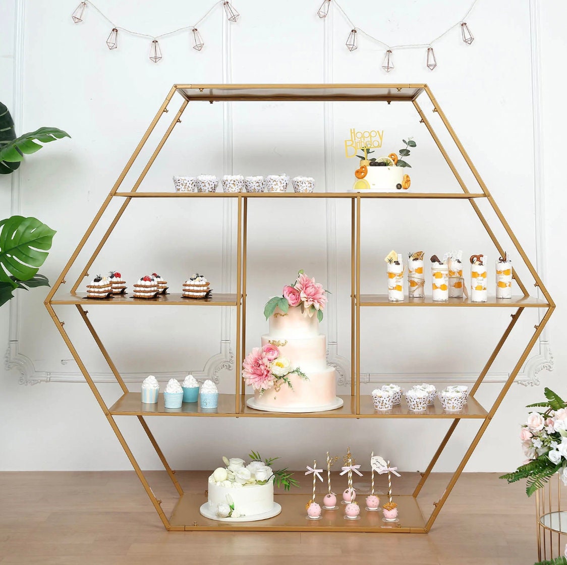 4 FT. Extra Large Gold Metal Tiered Dessert Shelf Display Rack Cake Stand Cupcake Holder Snack Sandwich Appetizer Party Decoration Geometric
