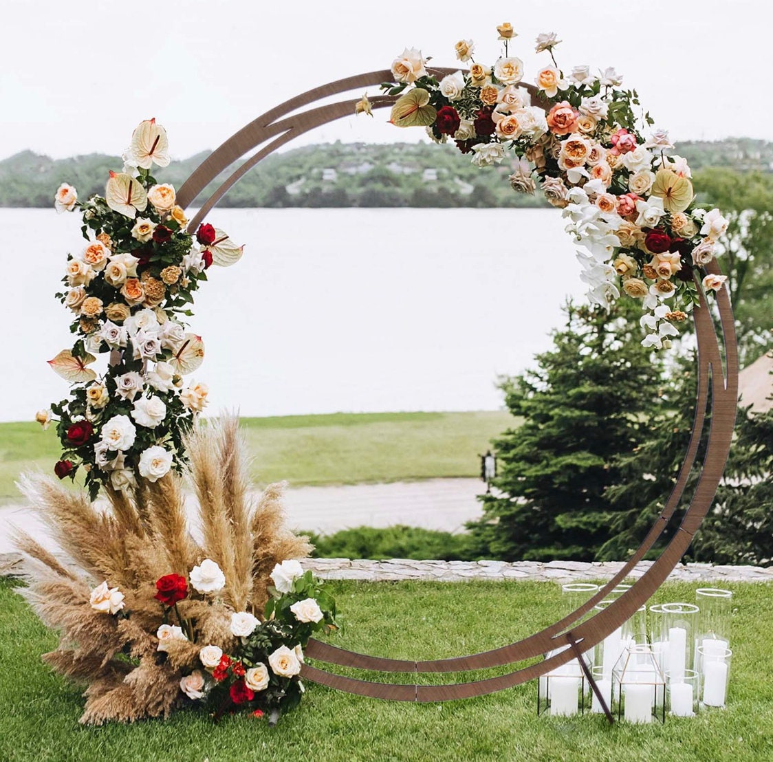 8 FT. Wood Round Wedding Arch Backdrop Brown DIY Stand Rustic Photo Backdrop Heavy Duty Photography Stand Ceremony Outdoor Decoration Floral