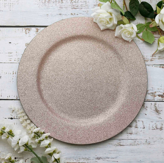 SIX 13" Blush Glitter Charger Plates Sparkly Barbie Themed Tablescape Rose Dinnerware Table Setting Wholesale Party Supplies Pink Sparkle