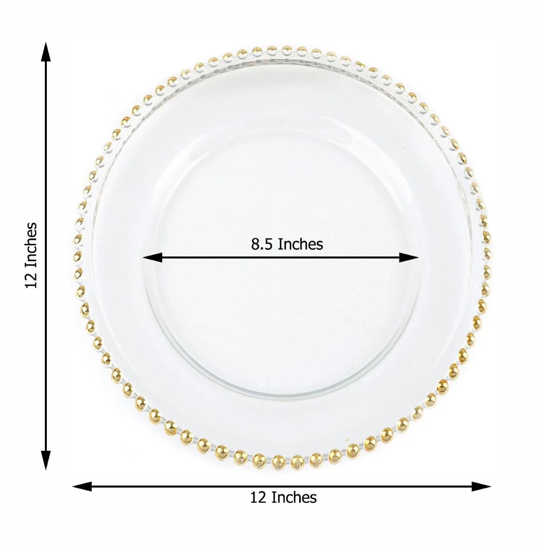 EIGHT 12" Glass Gold Beaded Charger Plates Clear Glitz Glam Tablescape Dinnerware Table Setting Wholesale Party Supplies Wedding Anniversary