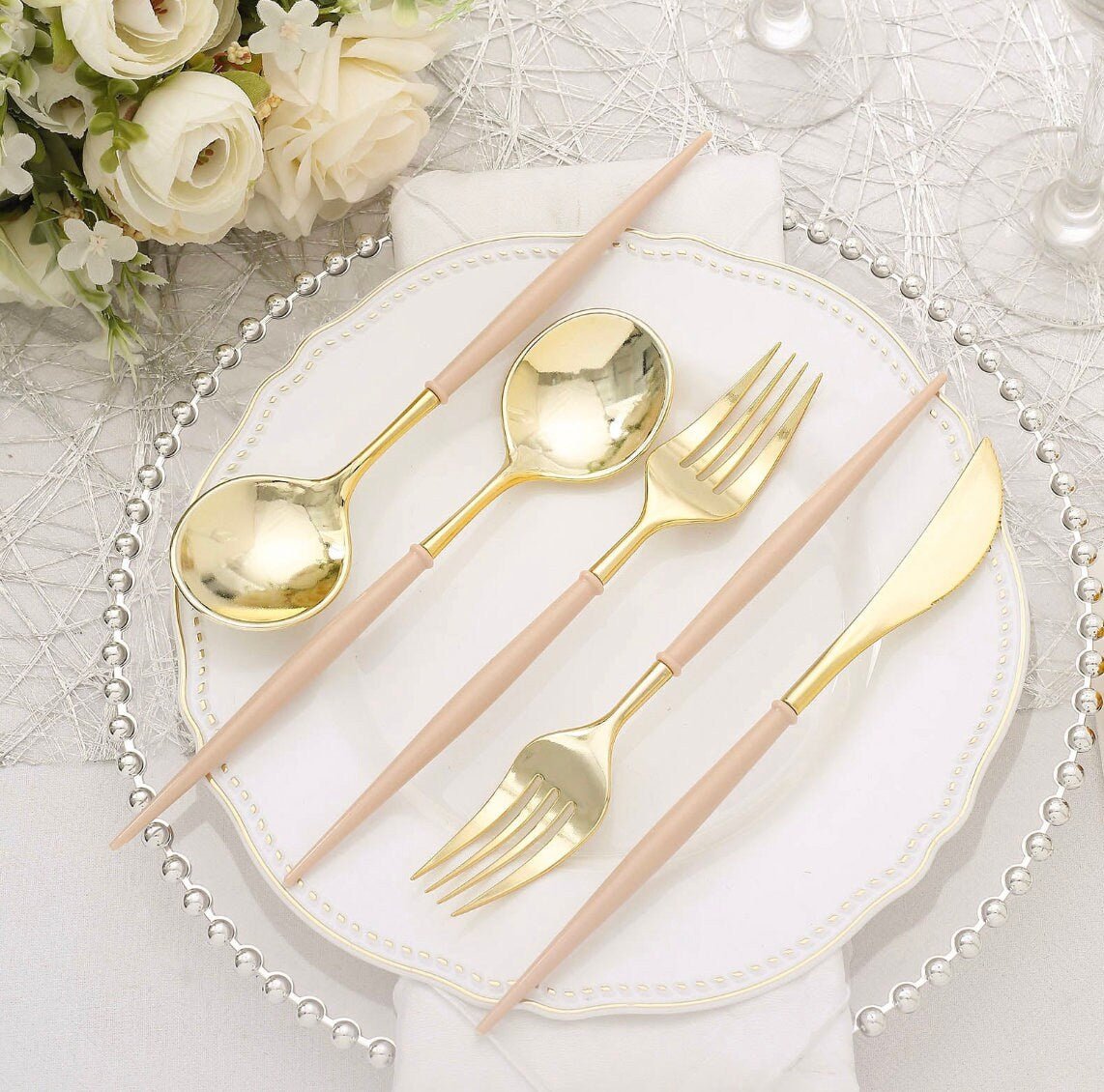 24 Gold Beige Cutlery Forks Spoons Knives Dinner Dessert Plastic Flatware Dinnerware Heavy Duty Silverware Birthday Bridal Baby Rehearsal