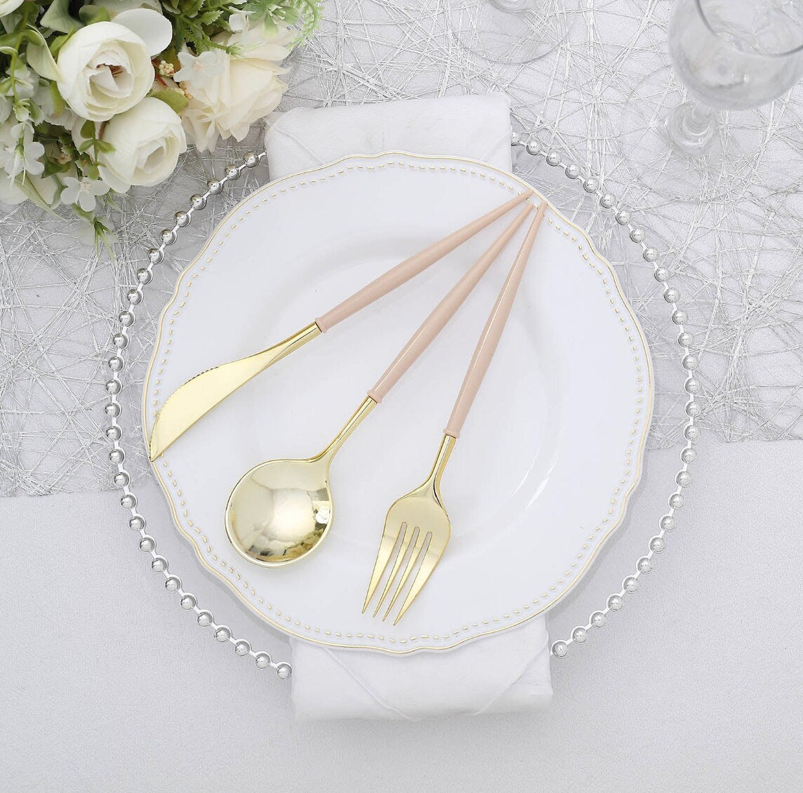 24 Gold Beige Cutlery Forks Spoons Knives Dinner Dessert Plastic Flatware Dinnerware Heavy Duty Silverware Birthday Bridal Baby Rehearsal