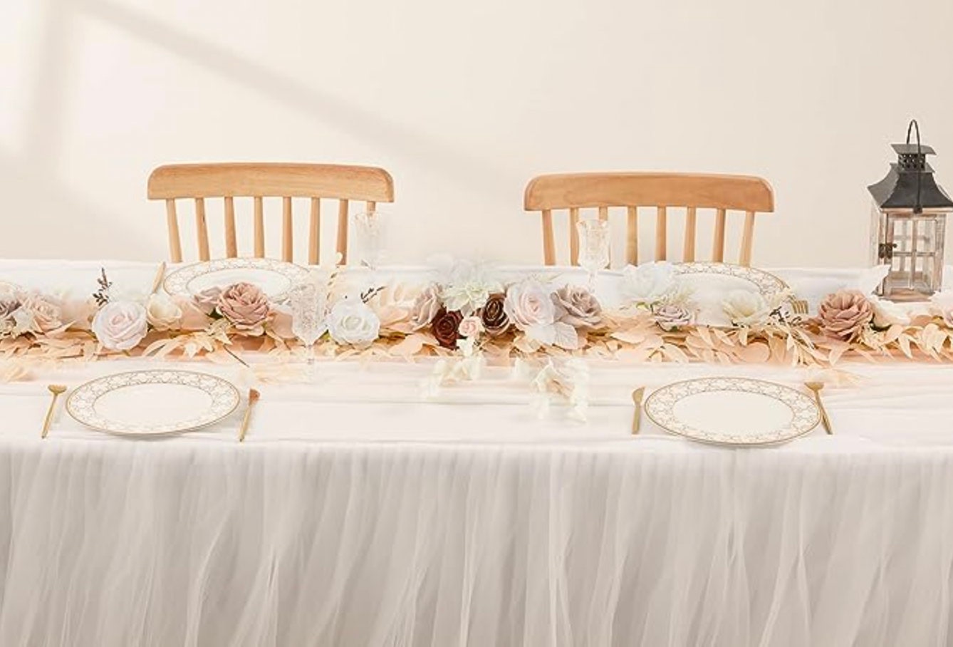 6 FT. Beige Floral Eucalyptus Garland Table Runner with Flowers Handcrafted Wedding Centerpieces for Rehearsal Dinner Bridal Shower | Beige