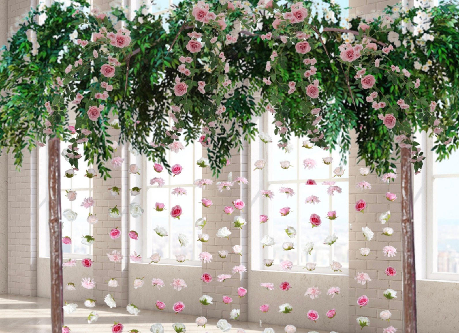 FIVE 6.5 FT. Hanging Flower Garland Vine Suspended Floral Arrangements Wedding Ceremony Outdoor Flowers Pink White Ivory Ceremony Arch Decor