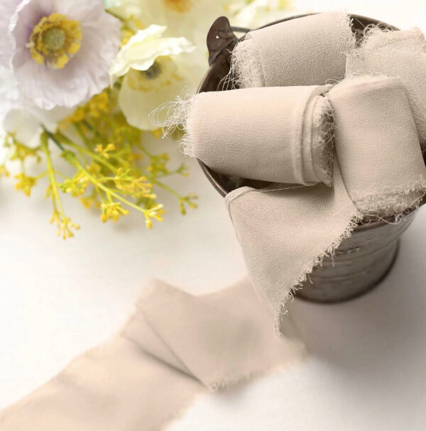 2 Pack 18FT Nude Silk-Like Chiffon Linen Ribbon Roll For Bouquets Wedding Invitations Fabric Gift Wrapping Christmas Fancy Taupe Bone Beige