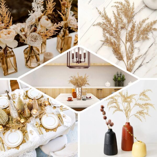 TWO 32" Metallic Gold Artificial Fern Leaf Branches Faux Decorative Bouquets Leaves Branch Vase Filler Glam Christmas Holiday Table Setting