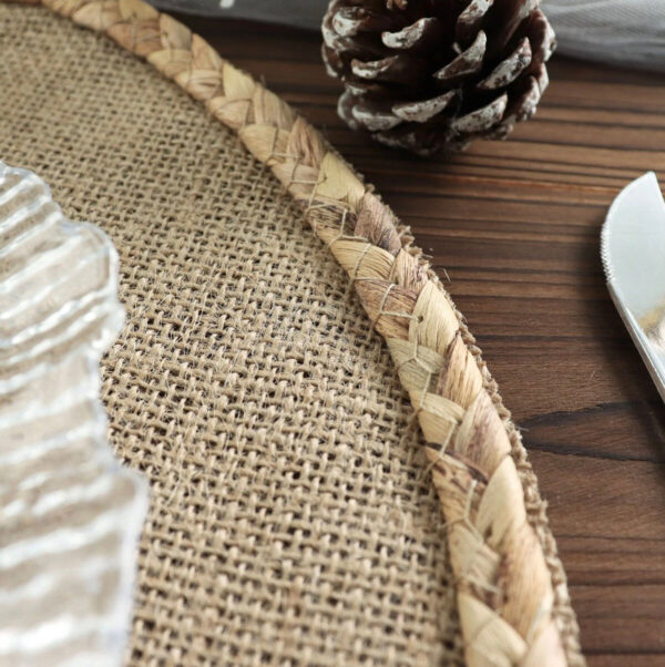 FOUR Boho Placemats Natural 15" Braided Edges Farmhouse Barn Rustic Round Woven Burlap Jute Table Mats Primitive Old World Boho Table Sale