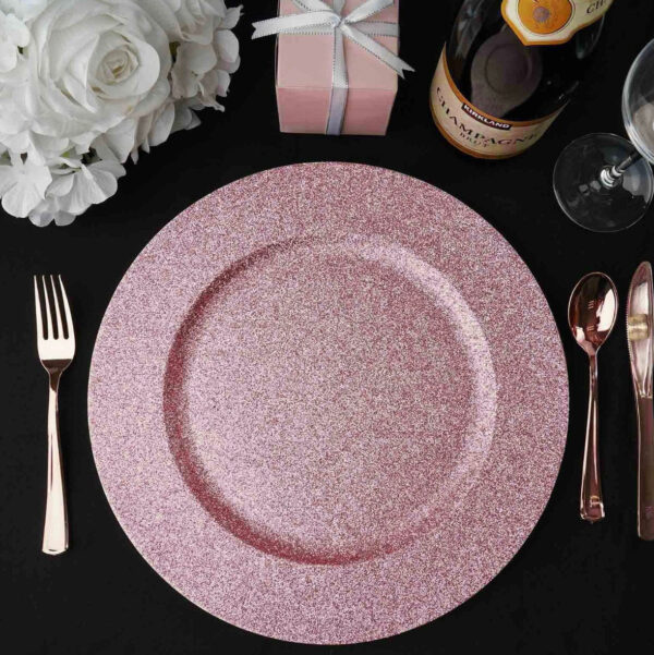 SIX 13" Glitter Charger Plates Rose Gold Sparkly Barbie Themed Tablescape Dinnerware Table Setting Wholesale Party Supplies Pink Sparkle