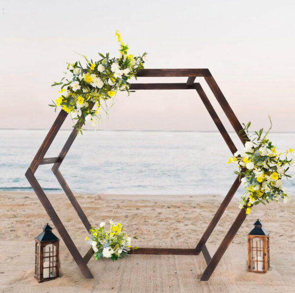 8.5 FT. Wooden Wedding Arch Backdrop Hexagon Brown DIY Rustic Photo Backdrop Heavy Duty Photography Stand Ceremony Outdoor Decoration Floral