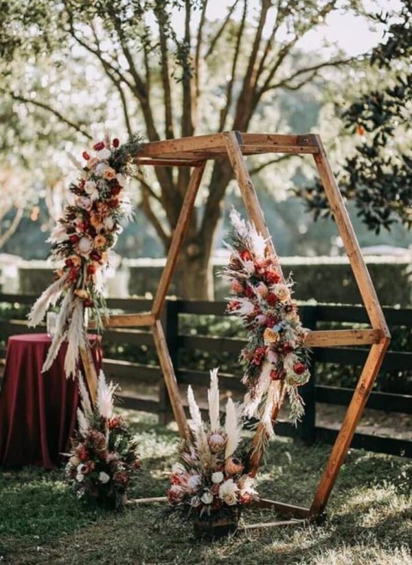 8.5 FT. Wooden Wedding Arch Backdrop Hexagon Brown DIY Rustic Photo Backdrop Heavy Duty Photography Stand Ceremony Outdoor Decoration Floral