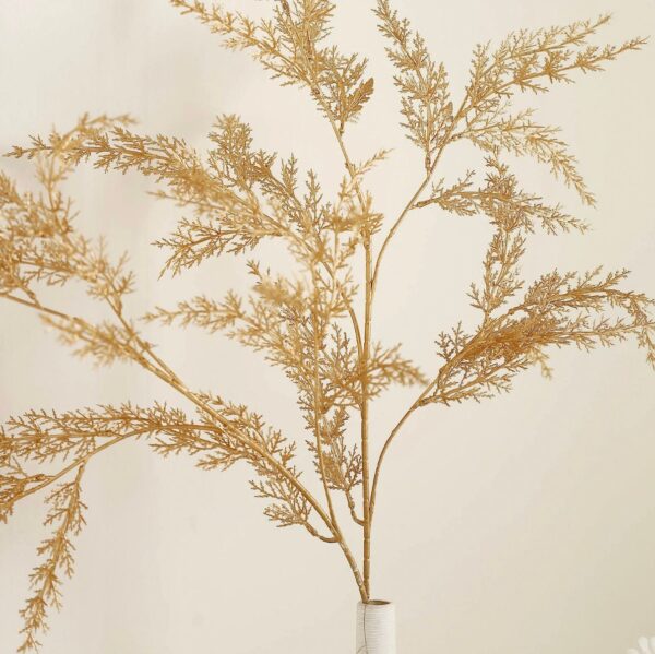 TWO 32" Metallic Gold Artificial Fern Leaf Branches Faux Decorative Bouquets Leaves Branch Vase Filler Glam Christmas Holiday Table Setting