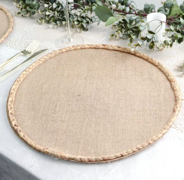 FOUR Boho Placemats Natural 15" Braided Edges Farmhouse Barn Rustic Round Woven Burlap Jute Table Mats Primitive Old World Boho Table Sale