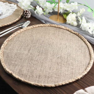 FOUR Boho Placemats Natural 15" Braided Edges Farmhouse Barn Rustic Round Woven Burlap Jute Table Mats Primitive Old World Boho Table Sale