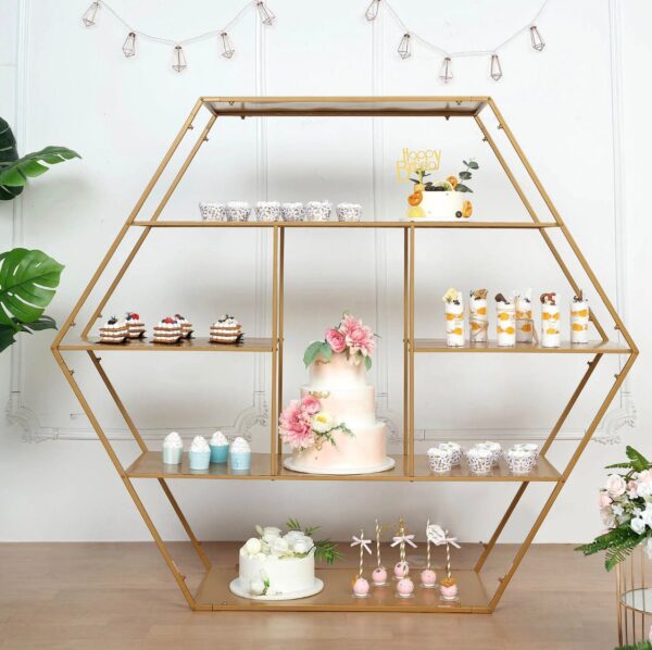 4 FT. Extra Large Gold Metal Tiered Dessert Shelf Display Rack Cake Stand Cupcake Holder Snack Sandwich Appetizer Party Decoration Geometric