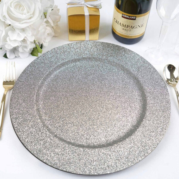 SIX 13" Silver Glitter Charger Plates Sparkly Glitz Glam Sparkly Tablescape Dinnerware Table Setting Wholesale Party Supplies Sparkle