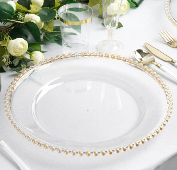 SIX 12" Gold Beaded Charger Plates Clear Glitz Glam Tablescape Dinnerware Table Setting Wholesale Party Supplies Wedding Anniversary Sale