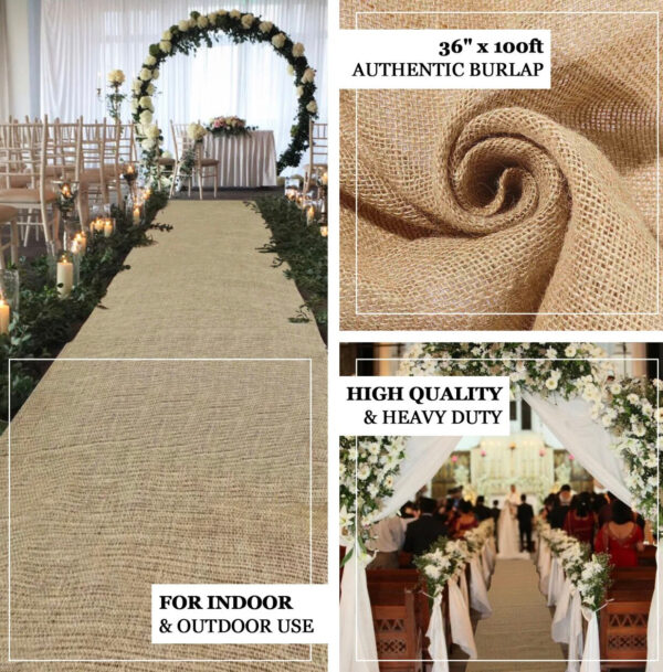 100FT Burlap Aisle Runner Natural Jute Borders Rustic Ceremony Decorations Barn Wedding Classic Outdoor Decor Boho Long Aisle Runner