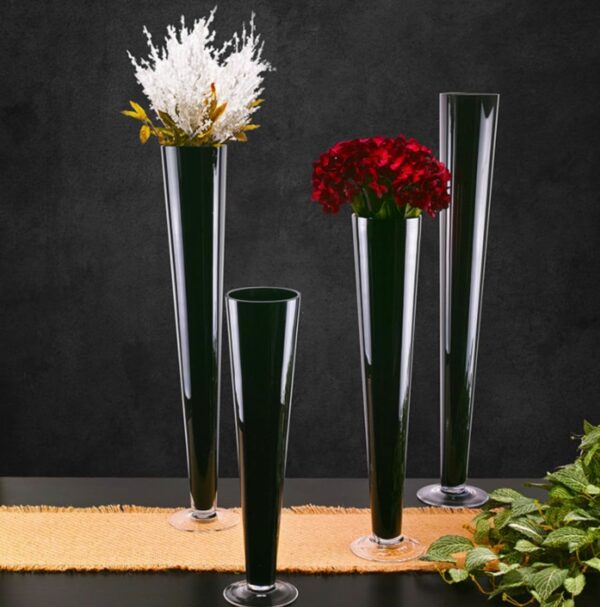 Wholesale Black Glass Flared Trumpet Vases Wedding Reception Centerpieces Floral Arrangements Table Decorations, Tall Black Vases, Free Ship