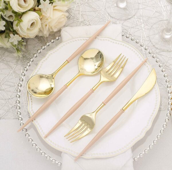 48 Gold Beige Cutlery Forks Spoons Knives Dinner Dessert Plastic Flatware Dinnerware Heavy Duty Silverware Birthday Bridal Baby Rehearsal