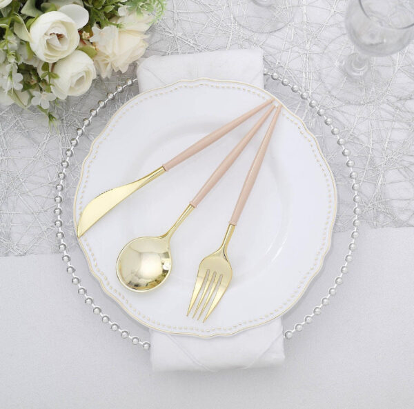 48 Gold Beige Cutlery Forks Spoons Knives Dinner Dessert Plastic Flatware Dinnerware Heavy Duty Silverware Birthday Bridal Baby Rehearsal