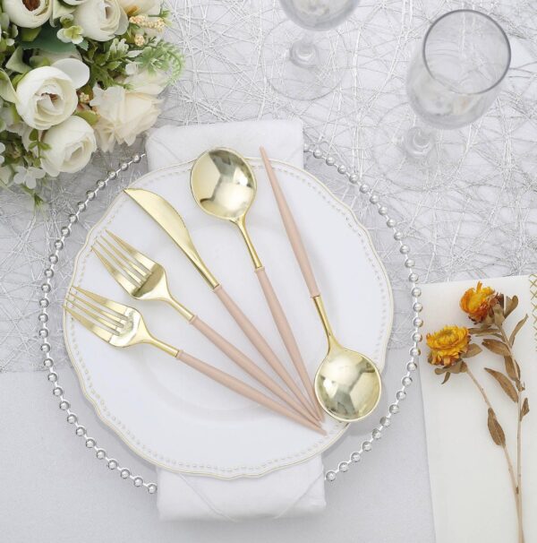 48 Gold Beige Cutlery Forks Spoons Knives Dinner Dessert Plastic Flatware Dinnerware Heavy Duty Silverware Birthday Bridal Baby Rehearsal