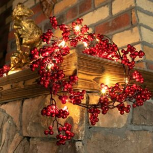 5.9 FT. Faux Red Berry Christmas Garland FREE LED Lights Holiday Garland Tree Decorations Primitive Old Decor Mantle Fireplace Free Ship